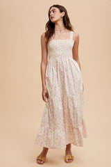 Light Pink Smocked Cotton Floral Sleeveless Maxi Dress