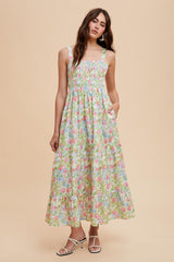 Multi Color Smocked Cotton Floral Sleeveless Maternity Maxi Dress