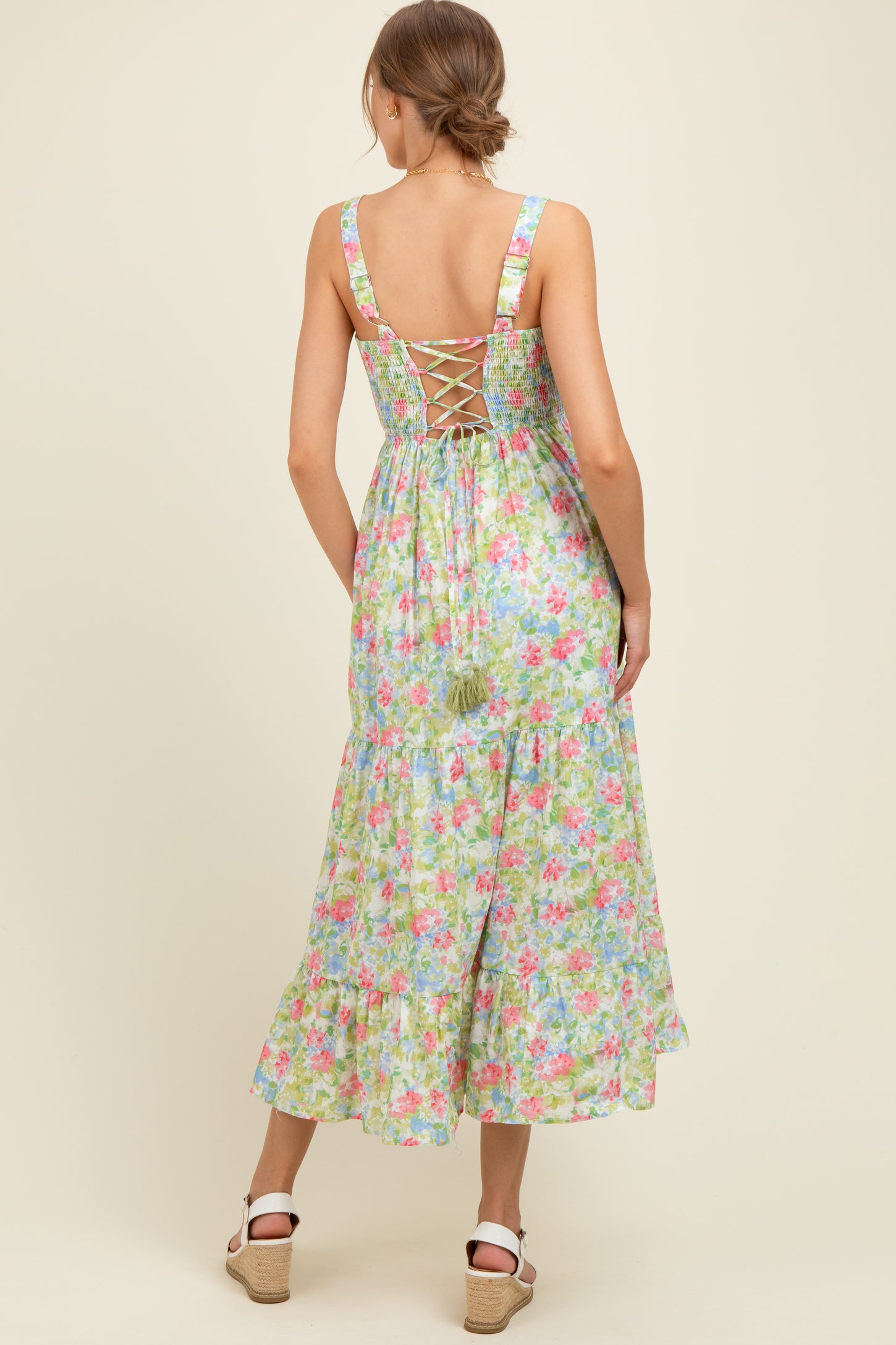 Multi Color Smocked Cotton Floral Sleeveless Maternity Maxi Dress