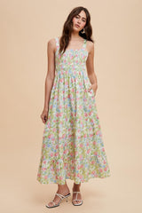 Multi Color Smocked Cotton Floral Sleeveless Maxi Dress