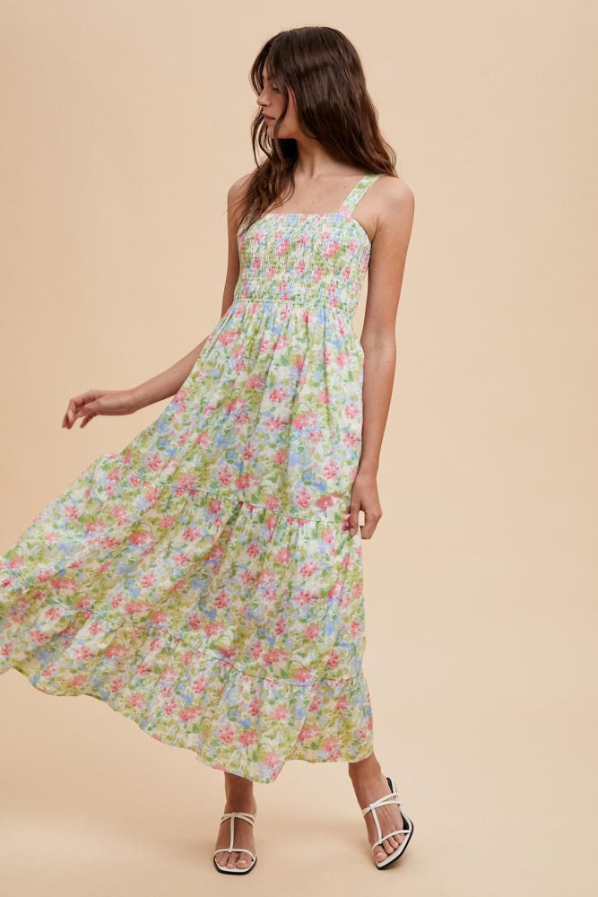 Multi Color Smocked Cotton Floral Sleeveless Maxi Dress