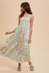 Multi Color Smocked Cotton Floral Sleeveless Maxi Dress