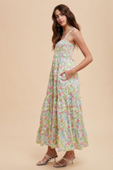 Multi Color Smocked Cotton Floral Sleeveless Maxi Dress