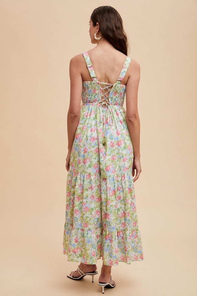 Multi Color Smocked Cotton Floral Sleeveless Maxi Dress