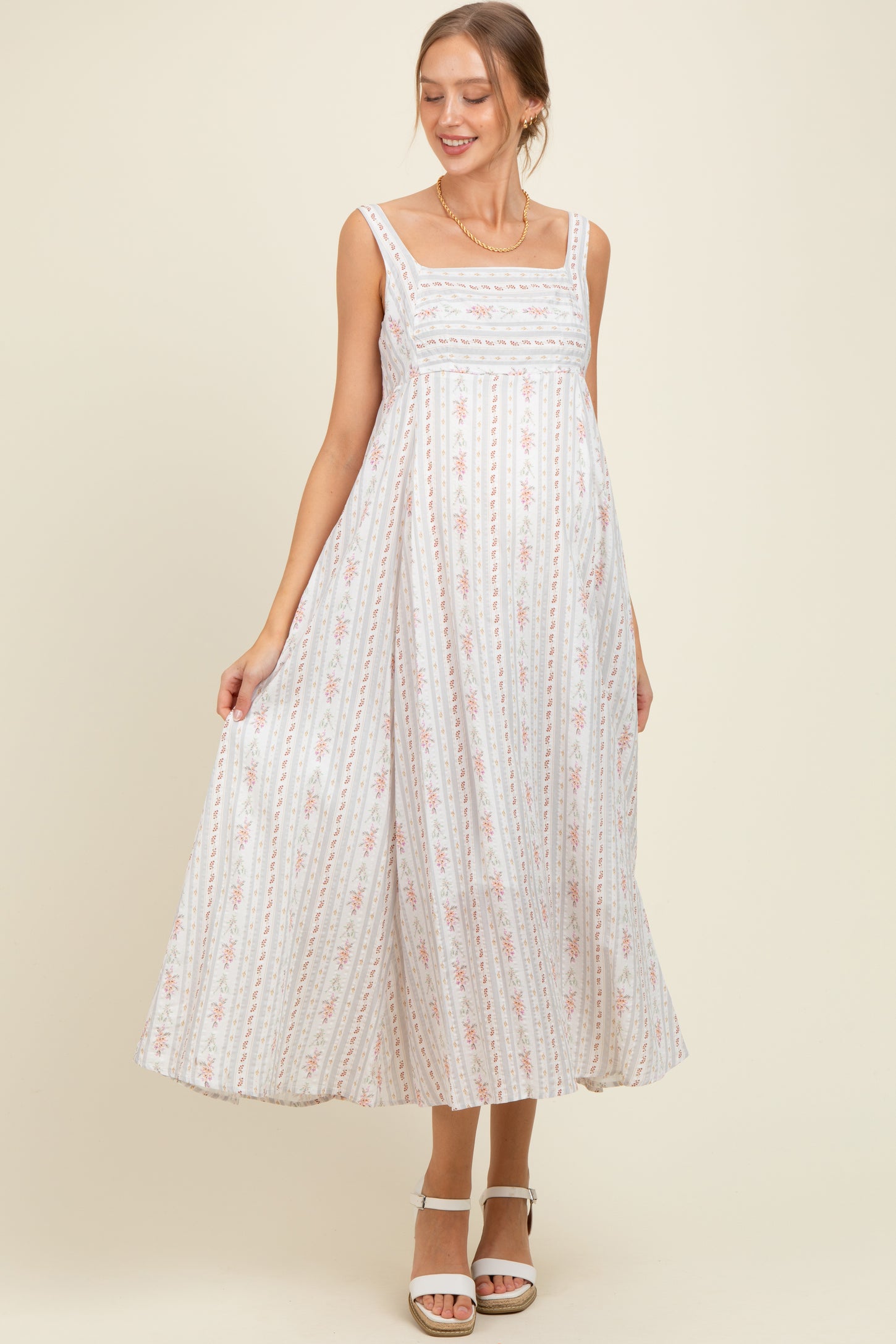 Light Gray Cotton Floral Square Neck Sleeveless Maternity Maxi Dress