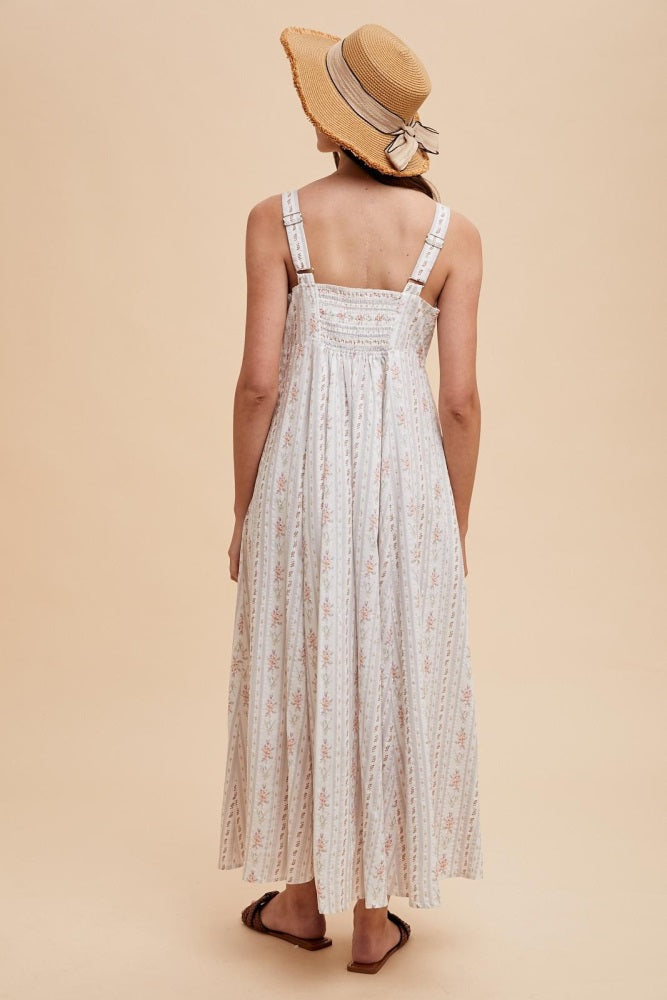 Light Gray Cotton Floral Square Neck Sleeveless Maxi Dress