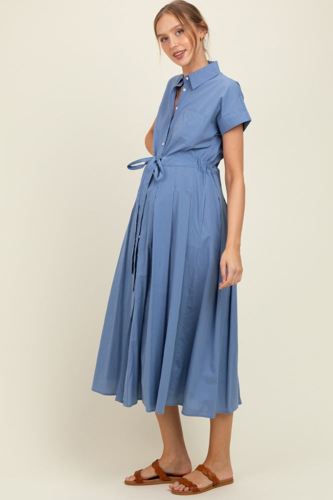 Blue Button Down Shirt Maternity Maxi Dress