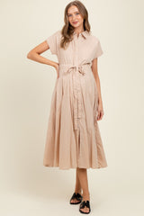 Beige Button Down Shirt Maternity Maxi Dress