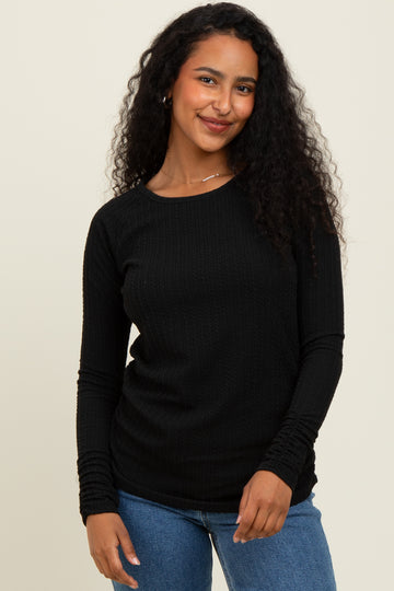 Black Solid Ribbed Ruched Long Sleeve Top