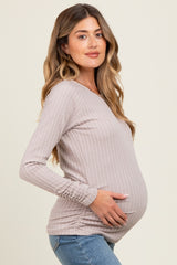 Mocha Solid Ribbed Ruched Long Sleeve Maternity Top