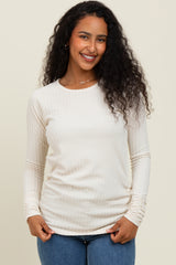 Ivory Solid Ribbed Ruched Long Sleeve Maternity Top