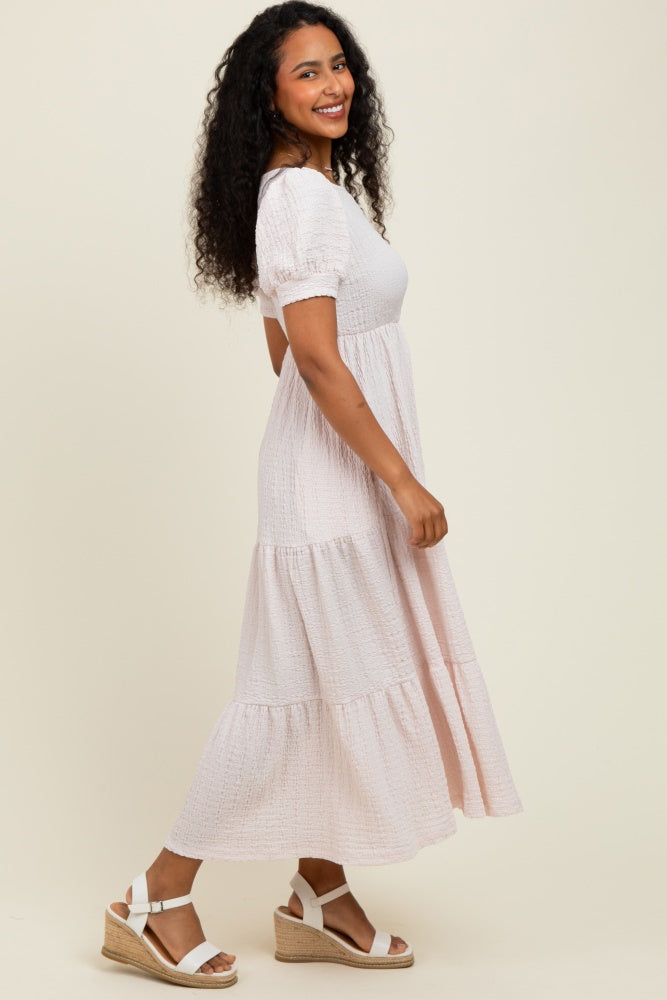 Light Pink Solid Textured Tiered Shirt Sleeve Maxi Dress