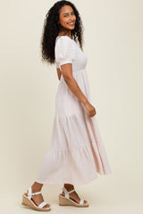 Light Pink Solid Textured Tiered Shirt Sleeve Maxi Dress