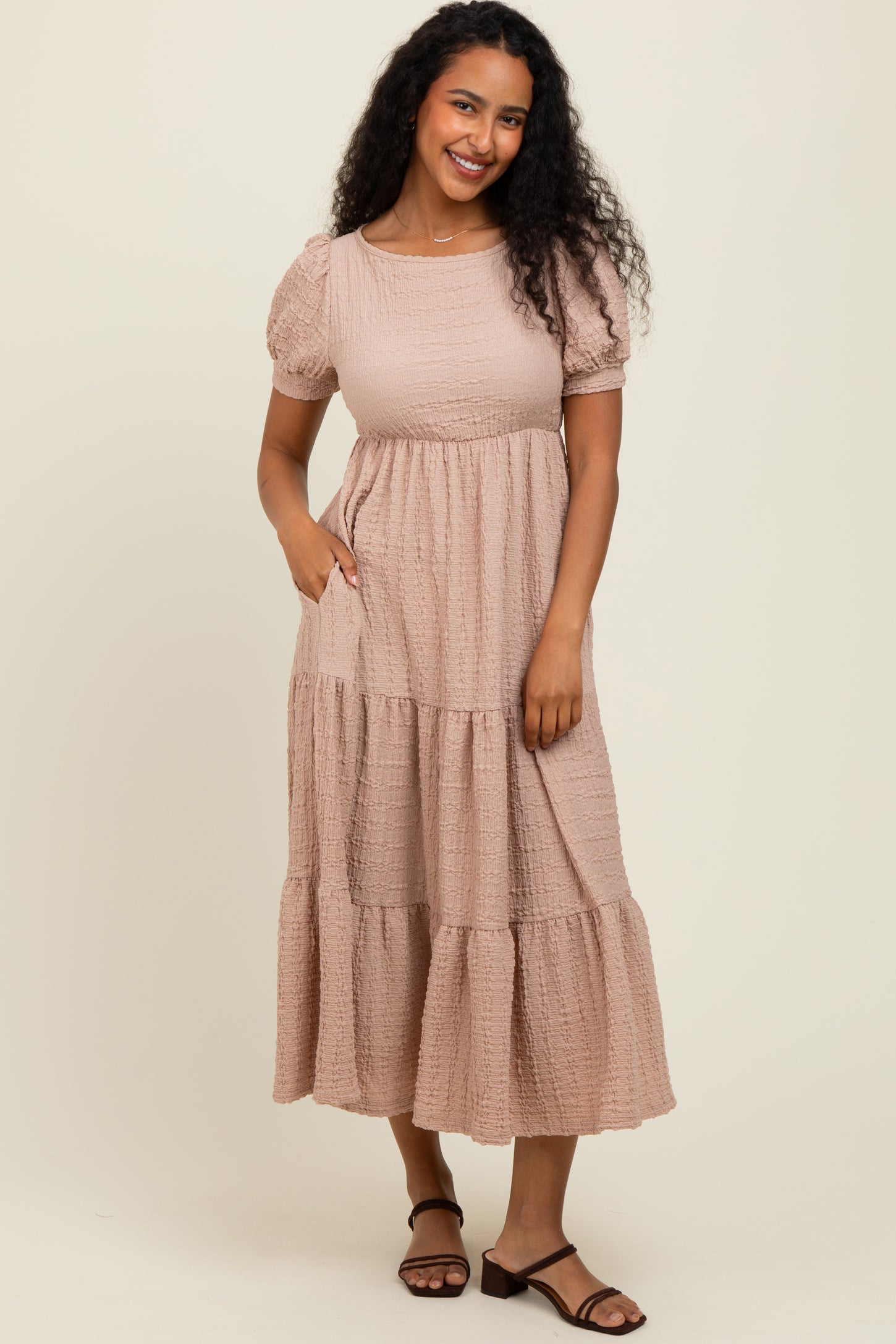 Mocha Solid Textured Tiered Shirt Sleeve Maxi Dress