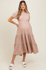 Mocha Solid Textured Tiered Shirt Sleeve Maternity Maxi Dress