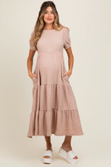 Mocha Solid Textured Tiered Shirt Sleeve Maternity Maxi Dress