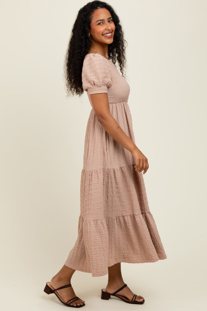 Mocha Solid Textured Tiered Shirt Sleeve Maxi Dress