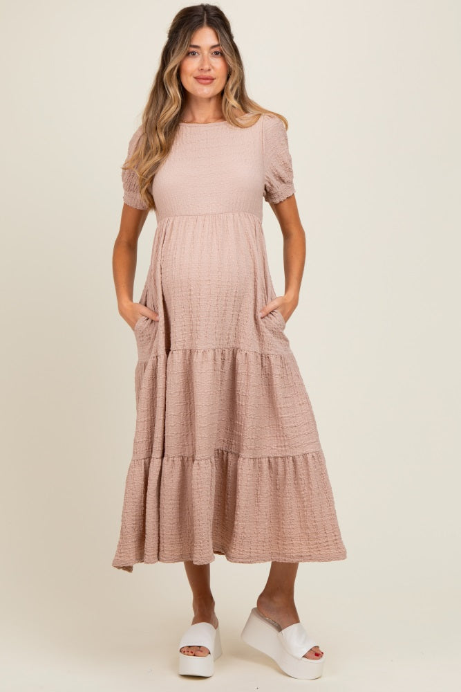 Mocha Solid Textured Tiered Shirt Sleeve Maternity Maxi Dress