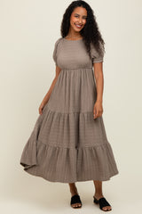 Taupe Solid Textured Tiered Shirt Sleeve Maxi Dress