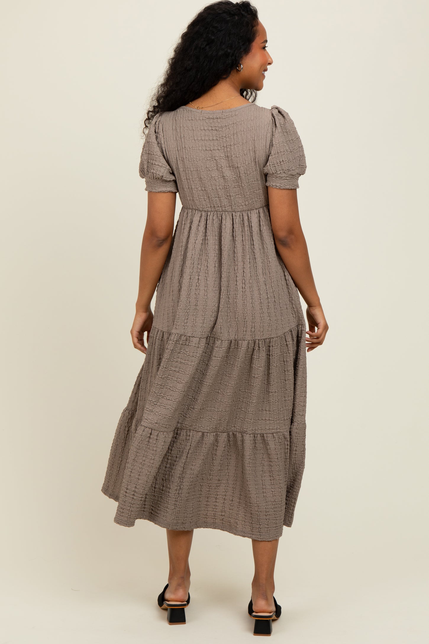 Taupe Solid Textured Tiered Shirt Sleeve Maxi Dress