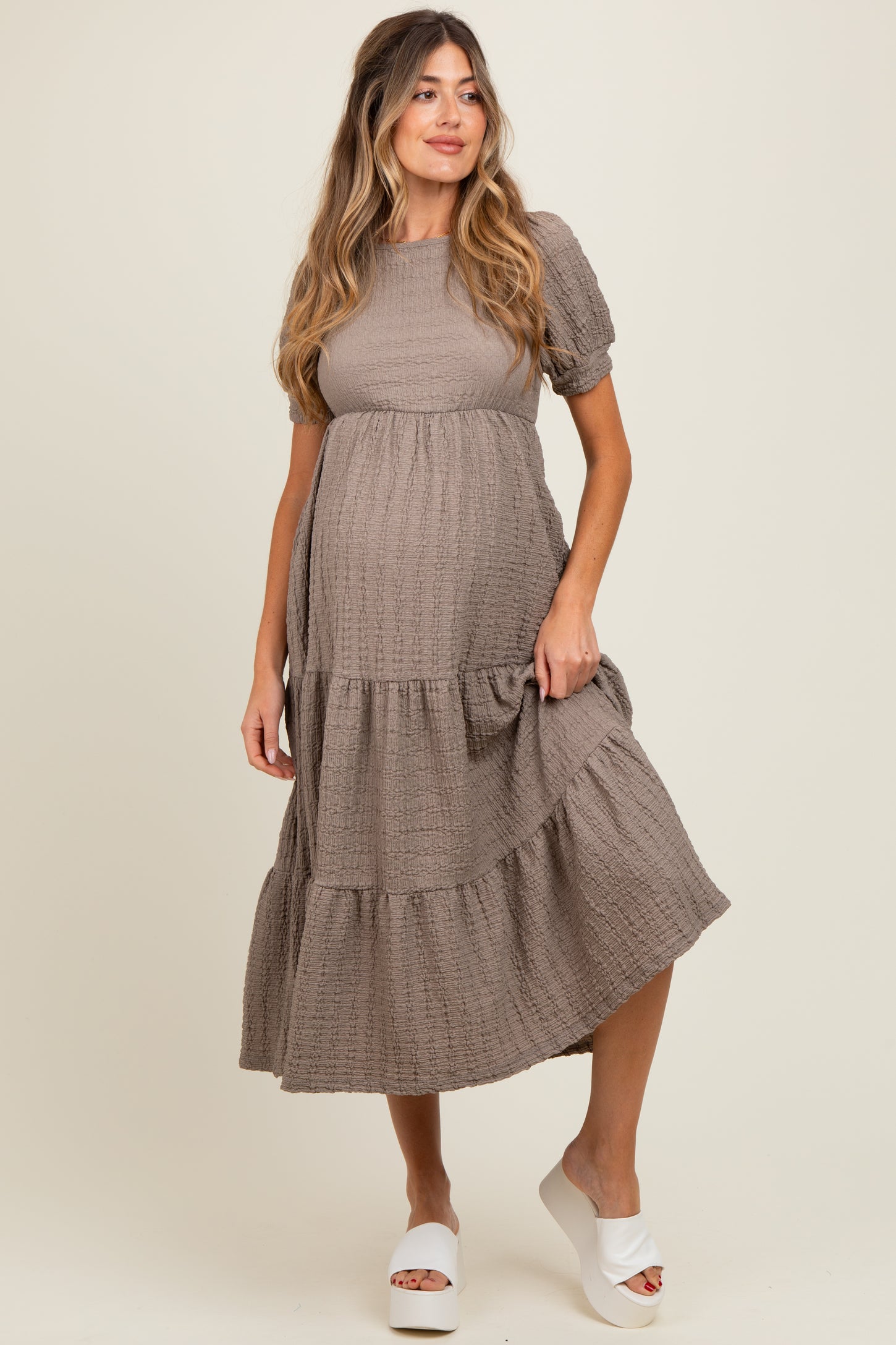 Taupe Solid Textured Tiered Shirt Sleeve Maternity Maxi Dress