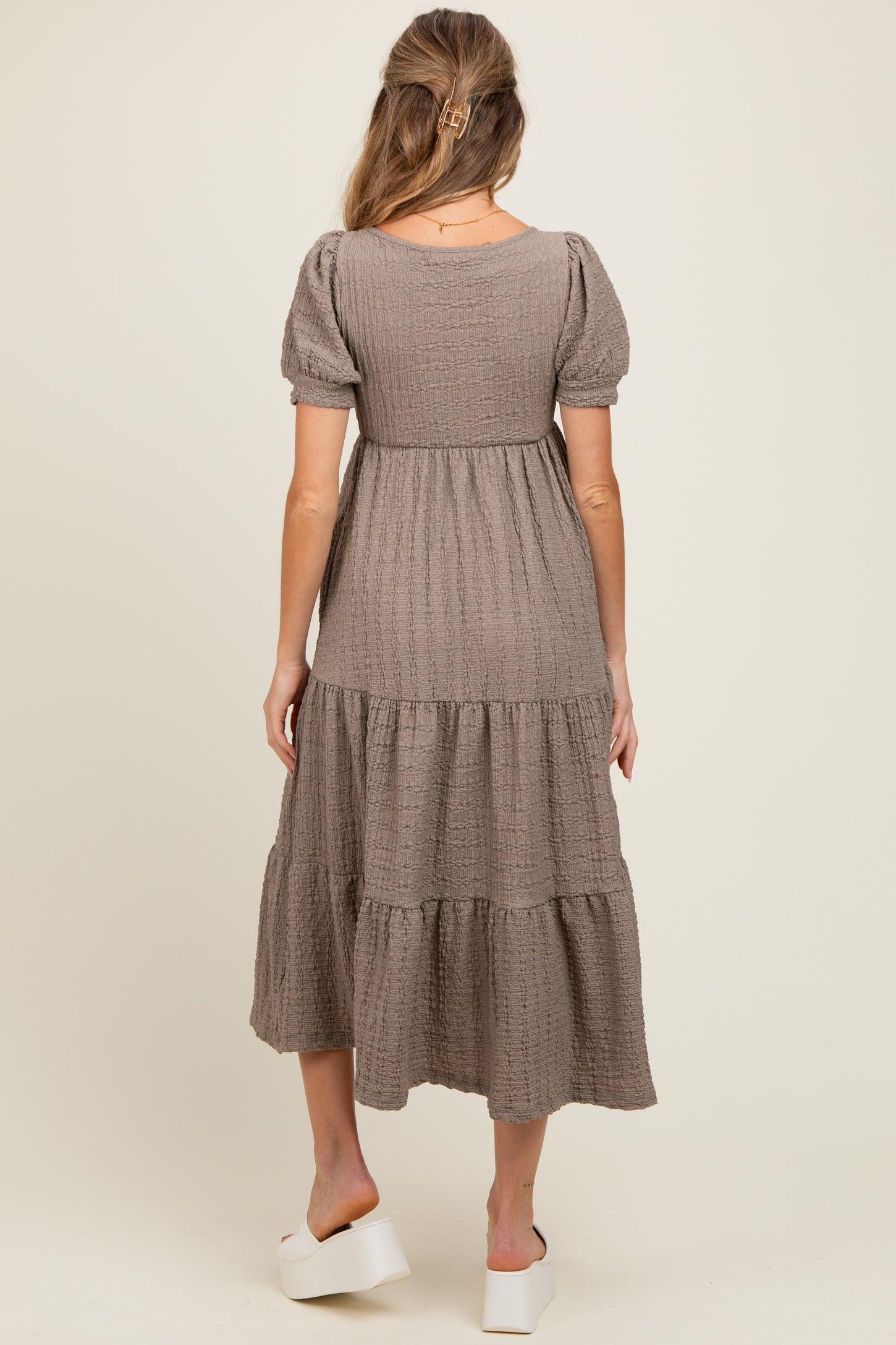 Taupe Solid Textured Tiered Shirt Sleeve Maternity Maxi Dress