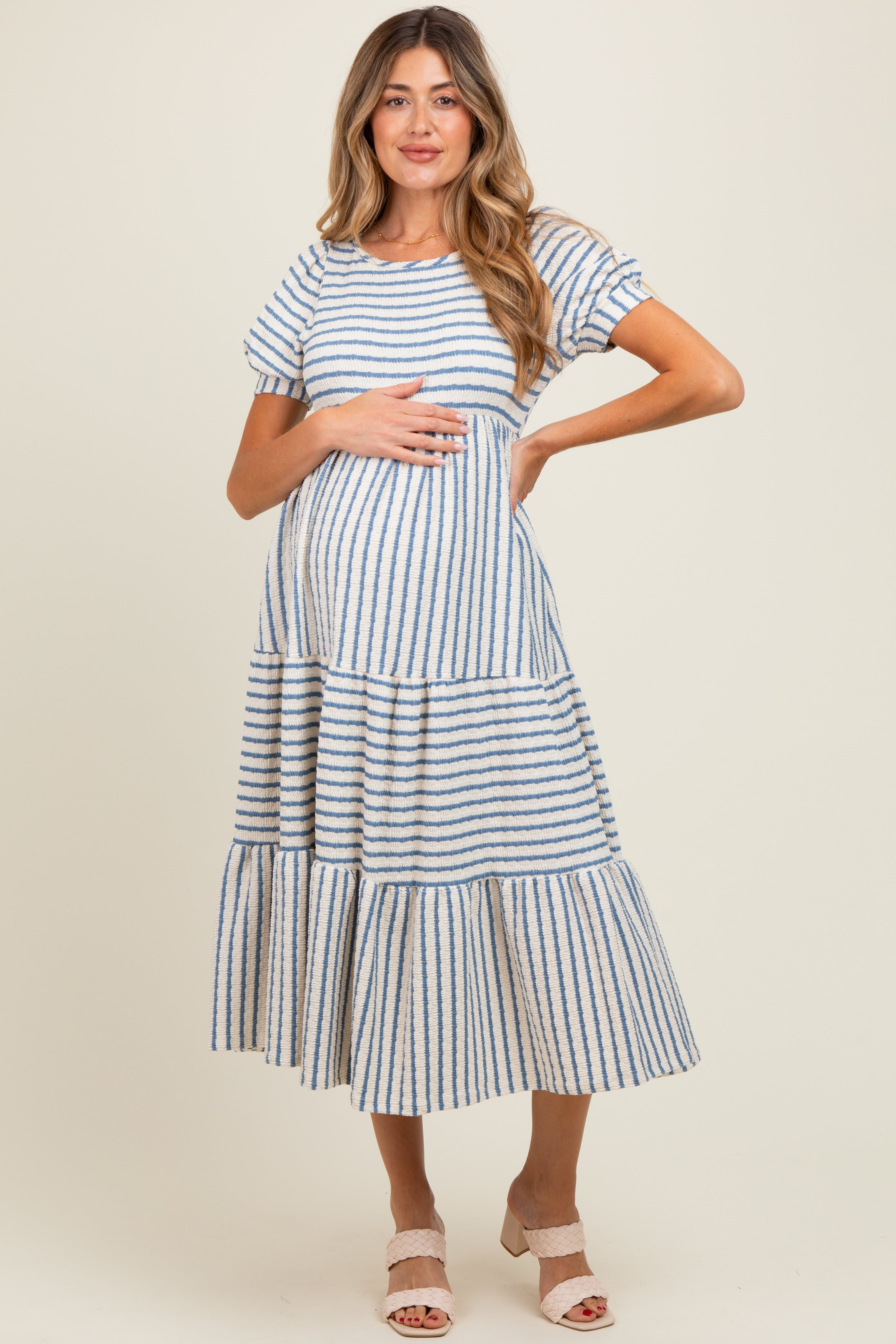 Cream/Blue Striped Short Sleeve Tiered Maxi Dress