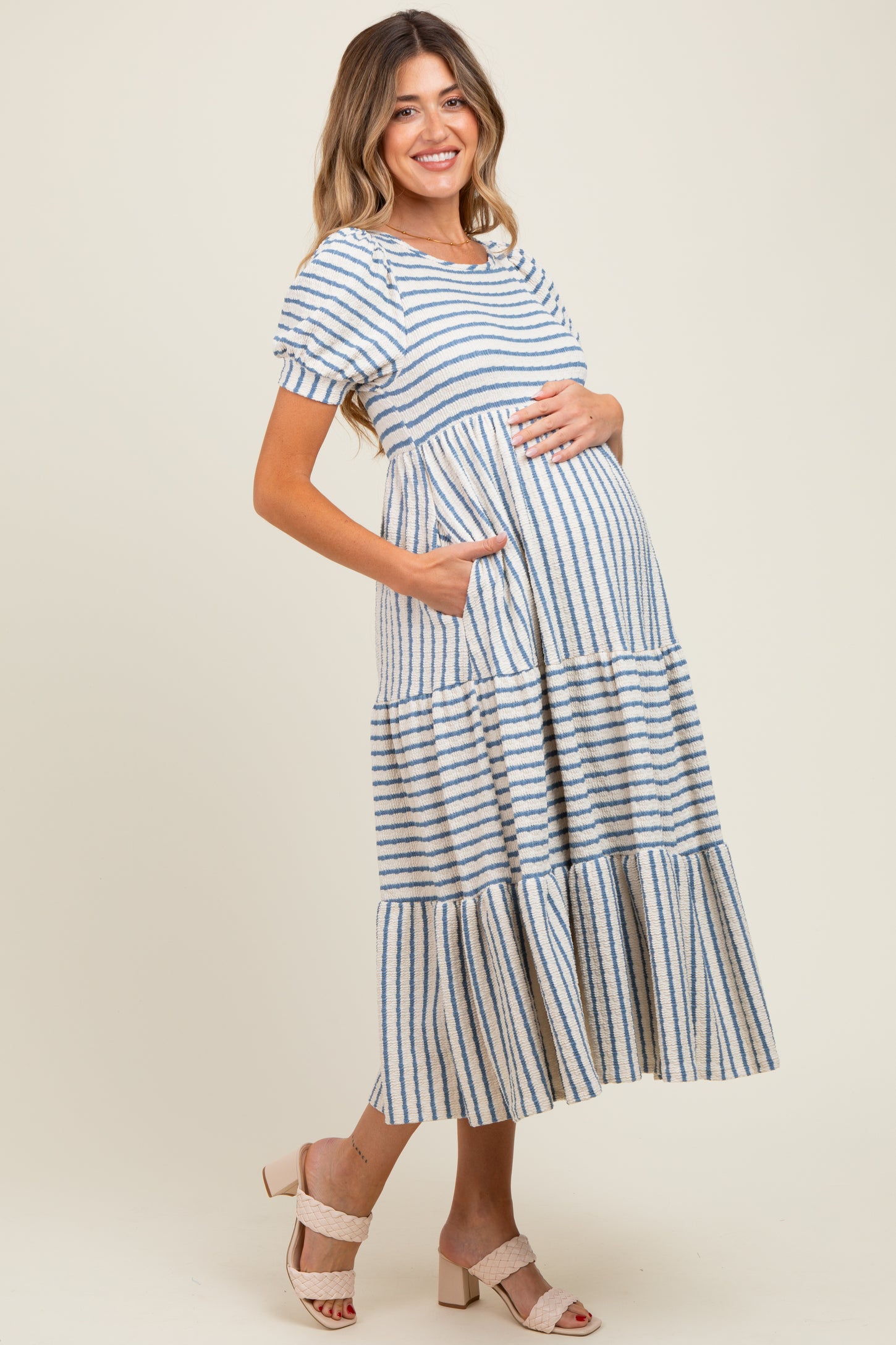 Cream/Blue Striped Short Sleeve Tiered Maxi Dress