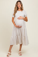 Cream/Taupe Striped Short Sleeve Tiered Maternity Maxi Dress