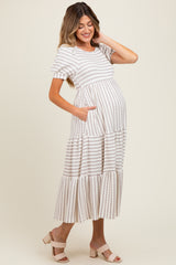 Cream/Taupe Striped Short Sleeve Tiered Maternity Maxi Dress