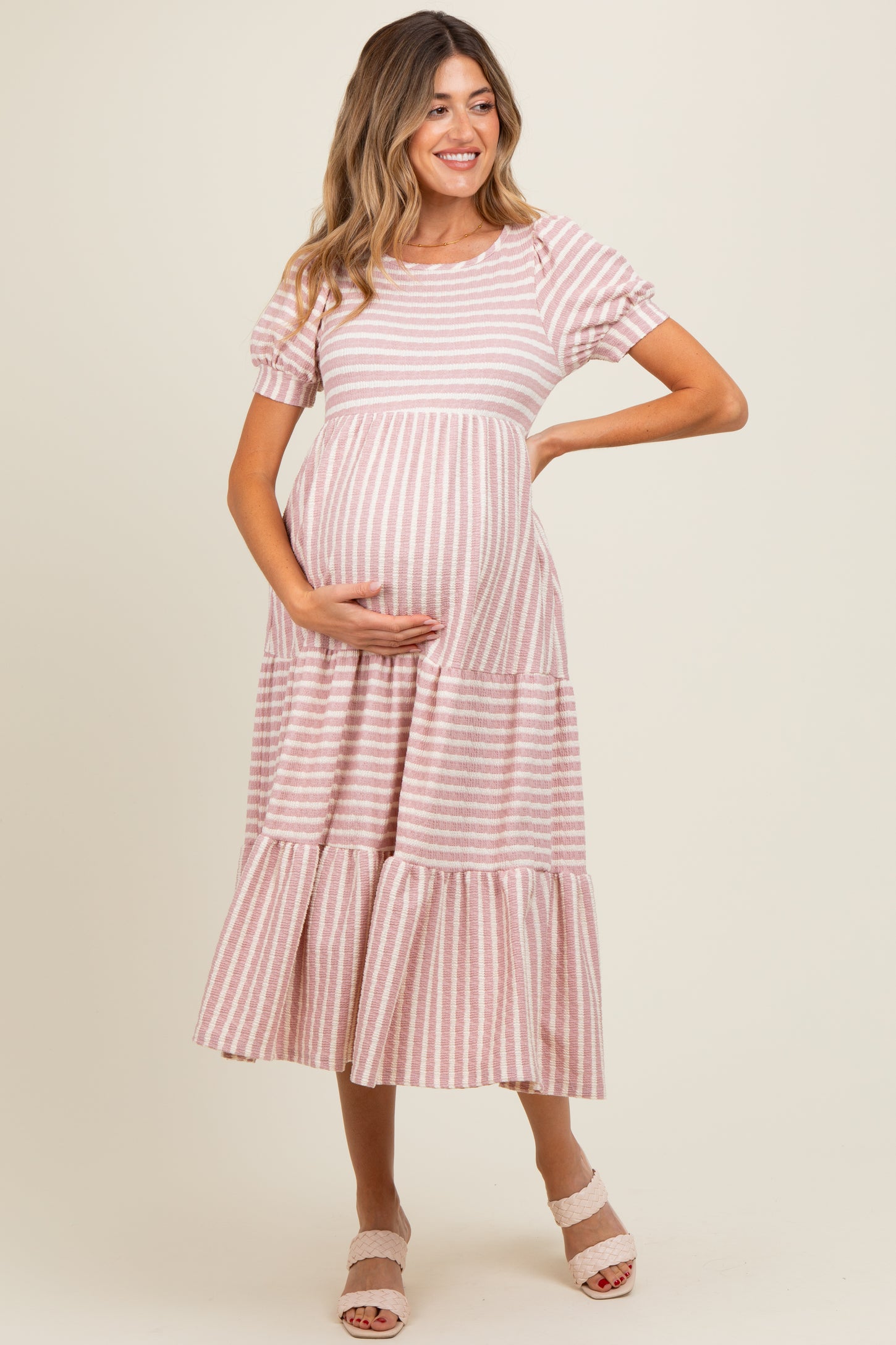 Mauve/Beige Striped Short Sleeve Tiered Maternity Maxi Dress