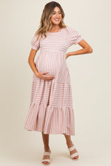 Mauve/Beige Striped Short Sleeve Tiered Maternity Maxi Dress