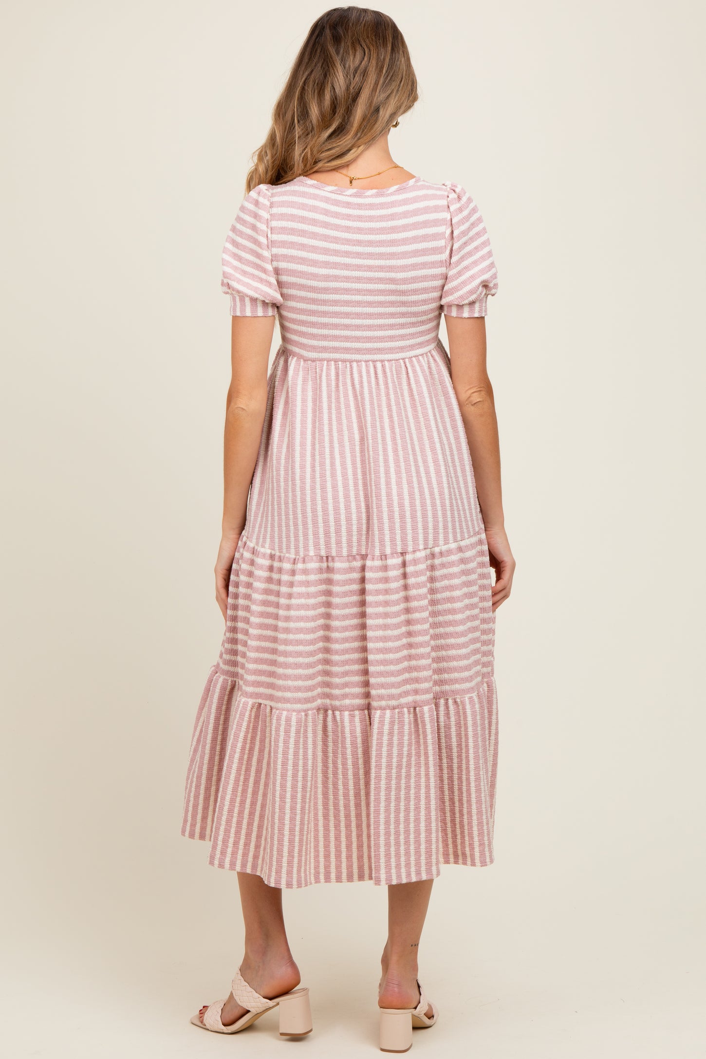 Mauve/Beige Striped Short Sleeve Tiered Maternity Maxi Dress