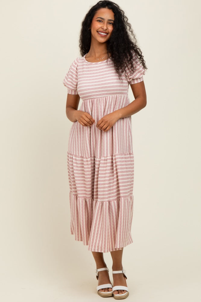 Mauve/Beige Striped Short Sleeve Tiered Maxi Dress