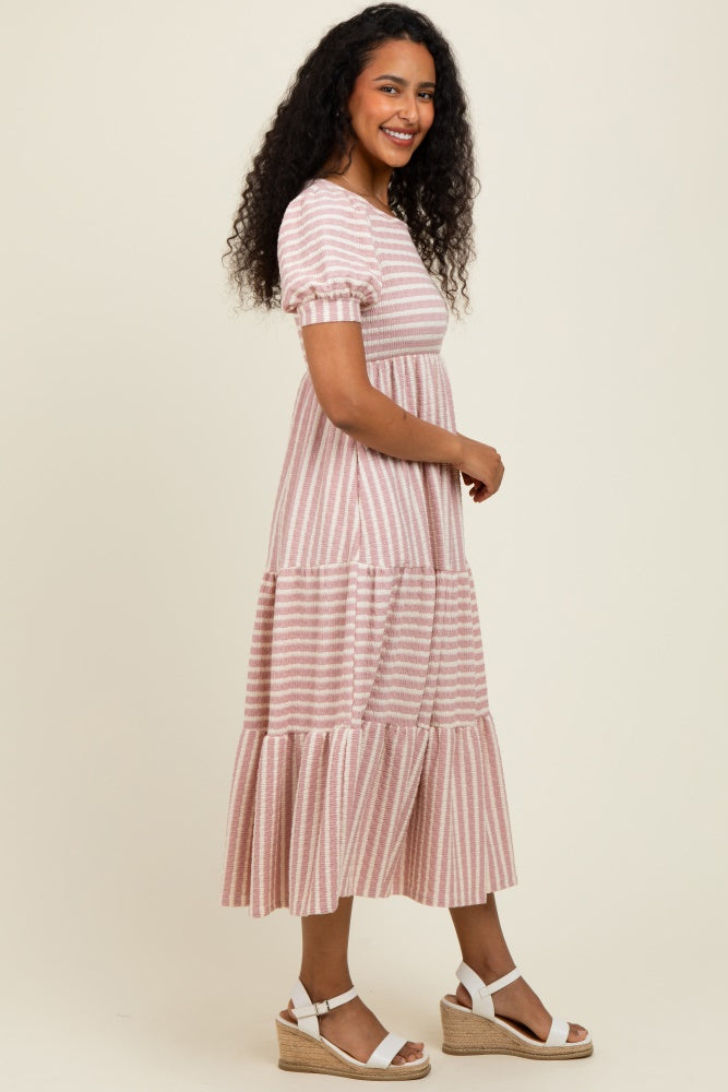 Mauve/Beige Striped Short Sleeve Tiered Maxi Dress