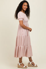 Mauve/Beige Striped Short Sleeve Tiered Maxi Dress