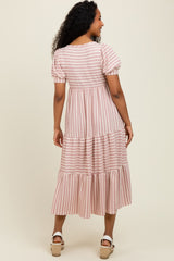 Mauve/Beige Striped Short Sleeve Tiered Maxi Dress