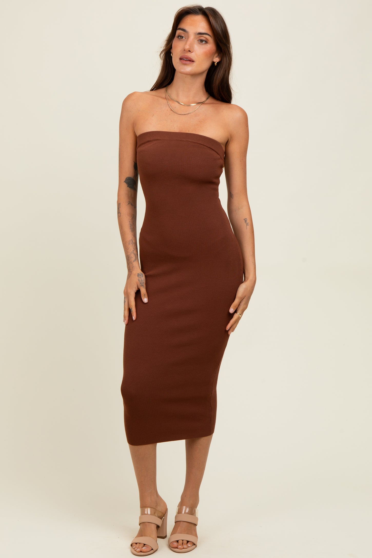 Brown Fitted Tube Knit Maternity Midi Dress