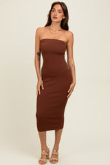 Brown Fitted Tube Knit Midi Dress