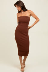 Brown Fitted Tube Knit Midi Dress