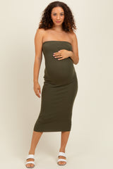 Olive Fitted Tube Knit Maternity Midi Dress