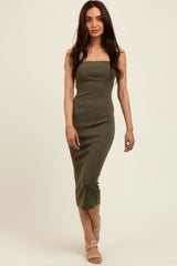Olive Fitted Tube Knit Maternity Midi Dress