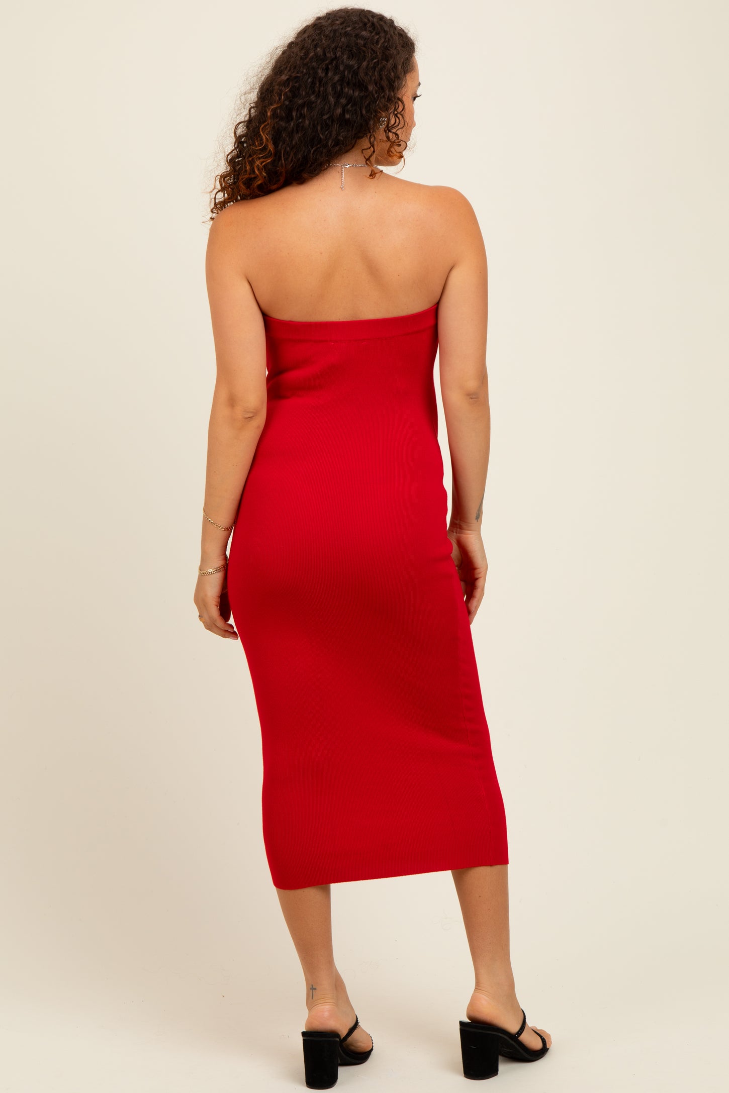 Red Fitted Tube Knit Maternity Midi Dress