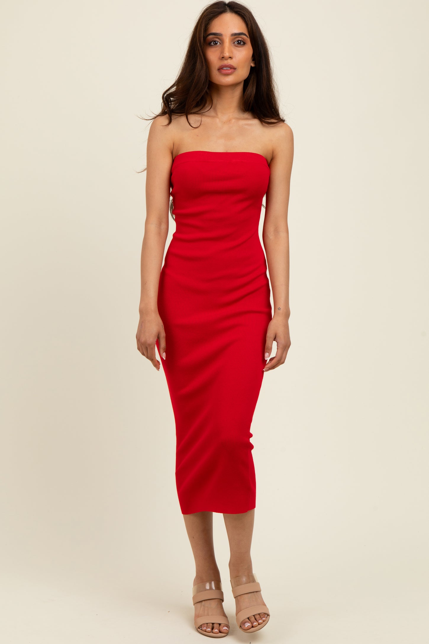 Red Fitted Tube Knit Midi Dress