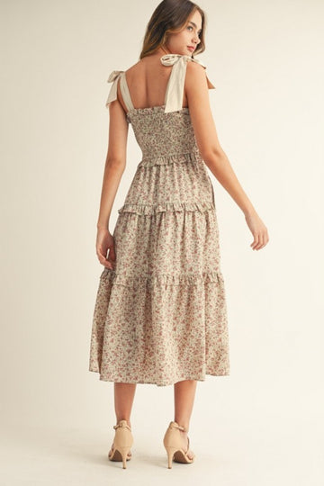 Cream Tie Shoulder Detail Floral Midi Dress