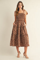 Brown Tie Shoulder Detail Floral Midi Dress