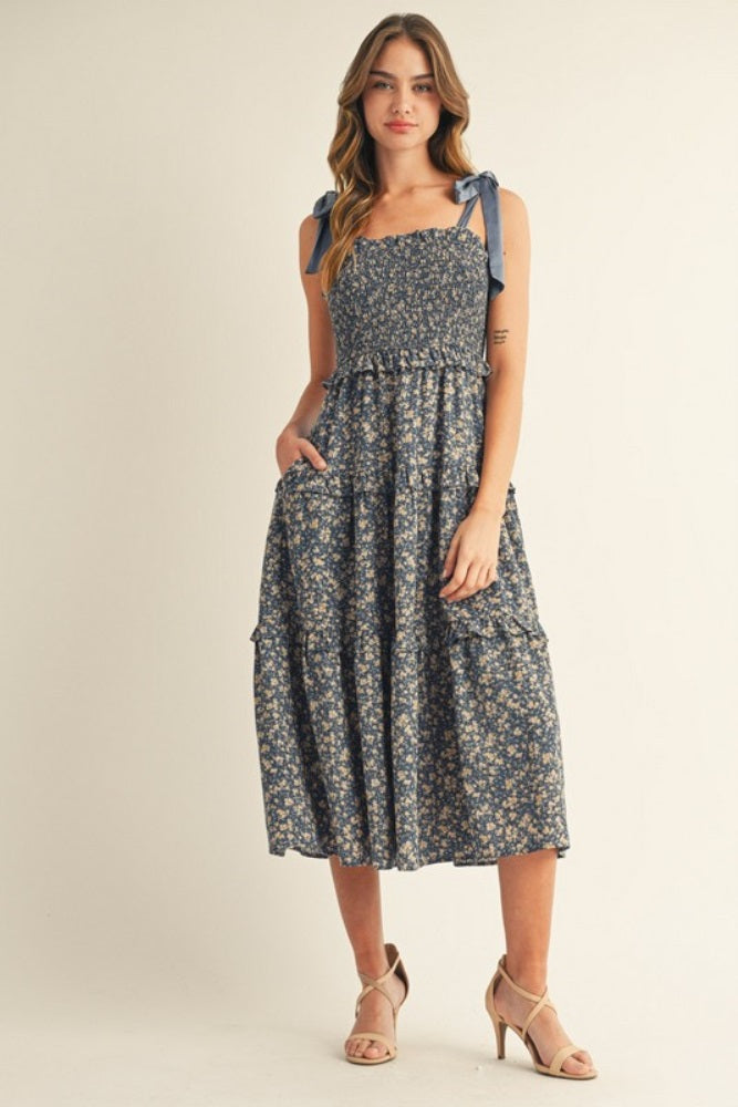 Navy Tie Shoulder Detail Floral Midi Dress