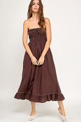 Brown Smocked Tube Midi Dress