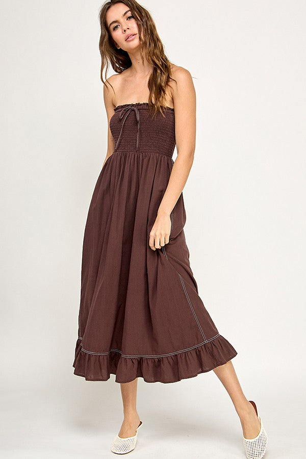 Brown Smocked Tube Midi Dress PinkBlush Brown Smocked Tube Midi Dress PinkBlush