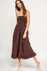 Brown Smocked Tube Midi Dress
